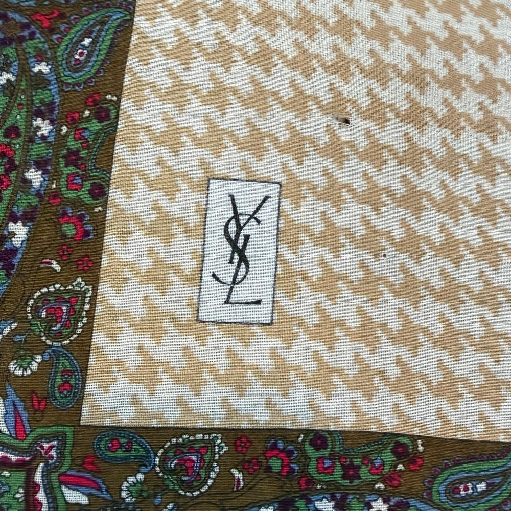 YSL Vintage Houndstooth Paisley Square Scarf Tan Cream Brown Green Red FLAWS - Picture 2 of 12